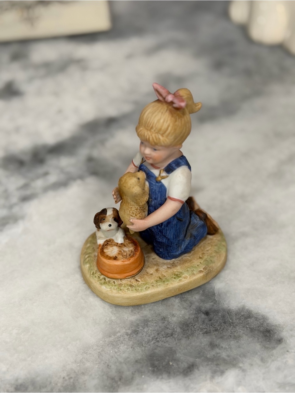 Homco Blonde Girl in Blue Overalls Figurine with Puppy